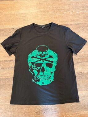 Philipp Plein Black Crewneck Tee with Green Skukl